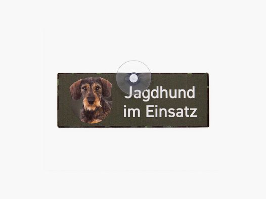 Jagdschild mit Saugnapf "Jagdhund im Einsatz - Dackel / Teckel Rauhaar"
