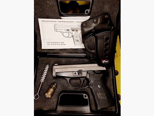 Sig Sauer P239 nickel blank firing pistol in caliber 9 mm P.A.K. (PTB874) with Fobus holster