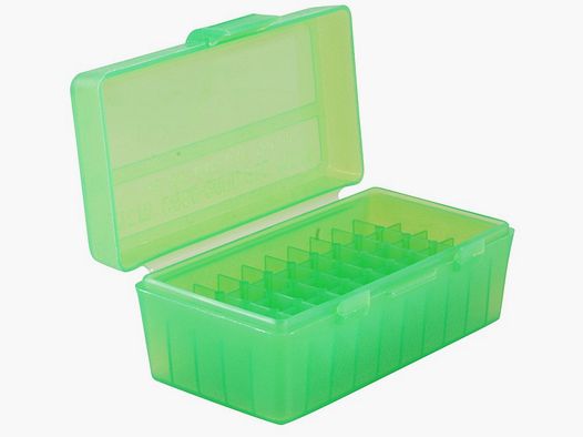 MTM scatola per cartucce P50-38-16 verde trasparente con coperchio a ribalta per 50 cartucce .38 Spec. e altre.
