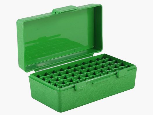 MTM scatola per cartucce P50-32-10 verde con coperchio a ribalta per 50 cartucce .25 Auto e altre.