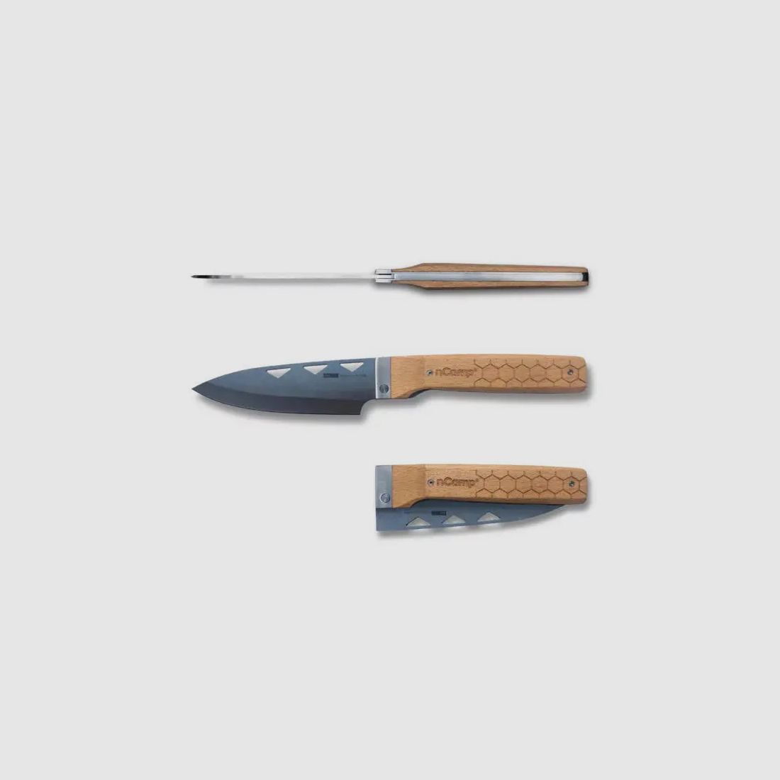 nCamp Premium Kochmesser (9cr18Mov Klinge/Buchengriff) mit Nylontasche