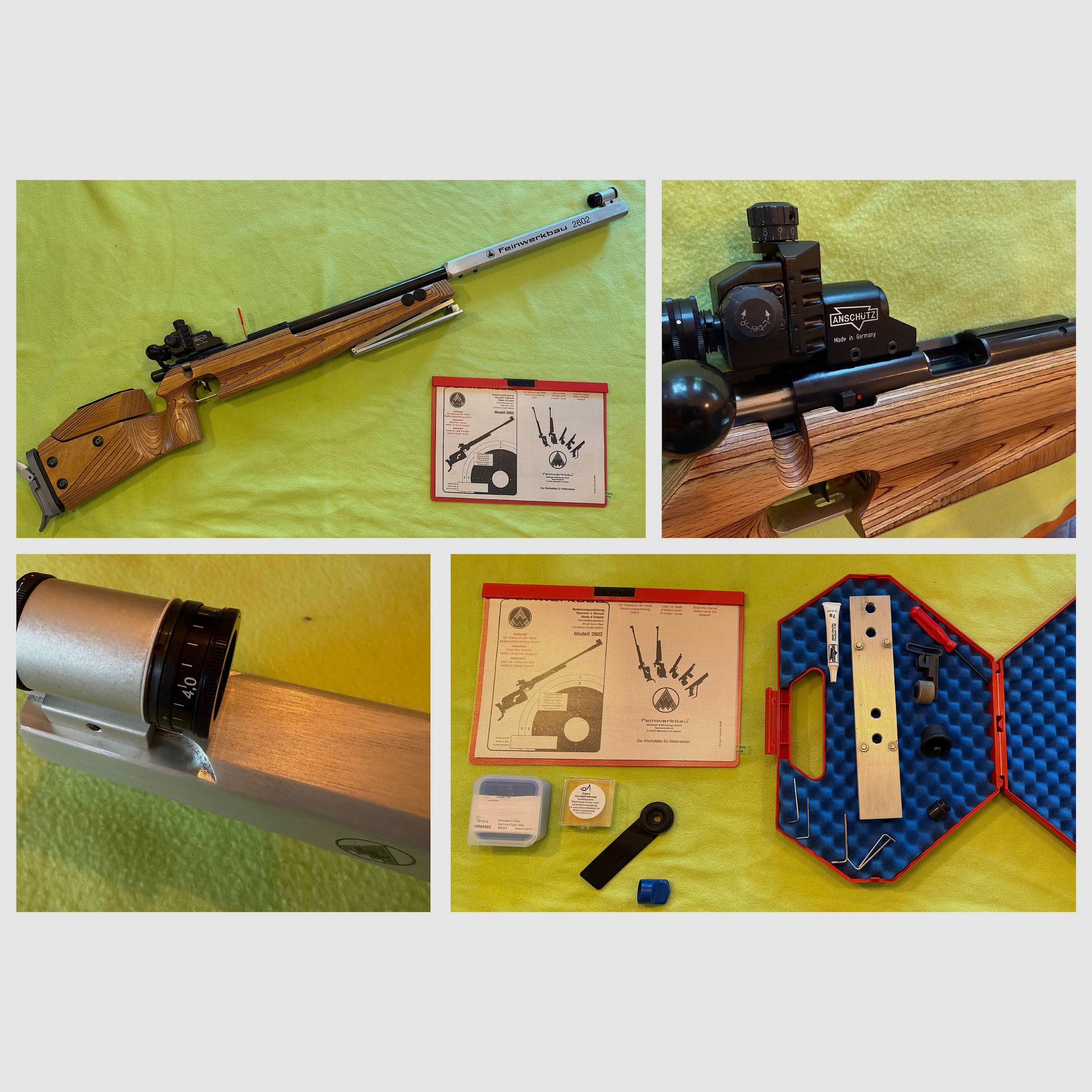 Feinwerkbau 2602 KK Match Gewehr .22lfb z diopterem Anschütz oraz akcesoriami, drewniana kolba prawostronna