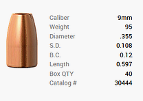 Barnes Bullet 9mm Luger/.355 95GR M/LE Tac-XP Pistol FB 40 pieces