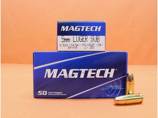 Magtech nabój 9mmLuger Magtech 147grs FMJ/ FMC-PŁASKI (9G) VE 50 nabojów (Subsoniczny)/ 9,52g pełnopłaszczowy płaski (naboje poddźwiękowe)