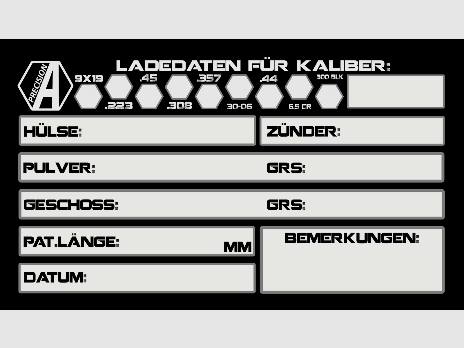 Alpha Precision 100 Aufkleber für Ladedaten