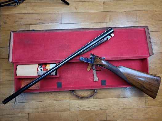Luxuriöse Bockflinte Kaliber 12/70 – Läufe Jean Breuil im Halbblock – Herstellung Blondeau – Quasi neu – Sehr schöne Waffe