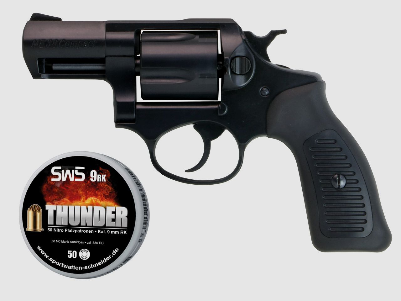 Schreckschuss Revolver Melcher ME 38 Compact brĂĽniert schwarzer Kunststoffgriff Kaliber 9 mm R.K. (P18) + 50 Schuss