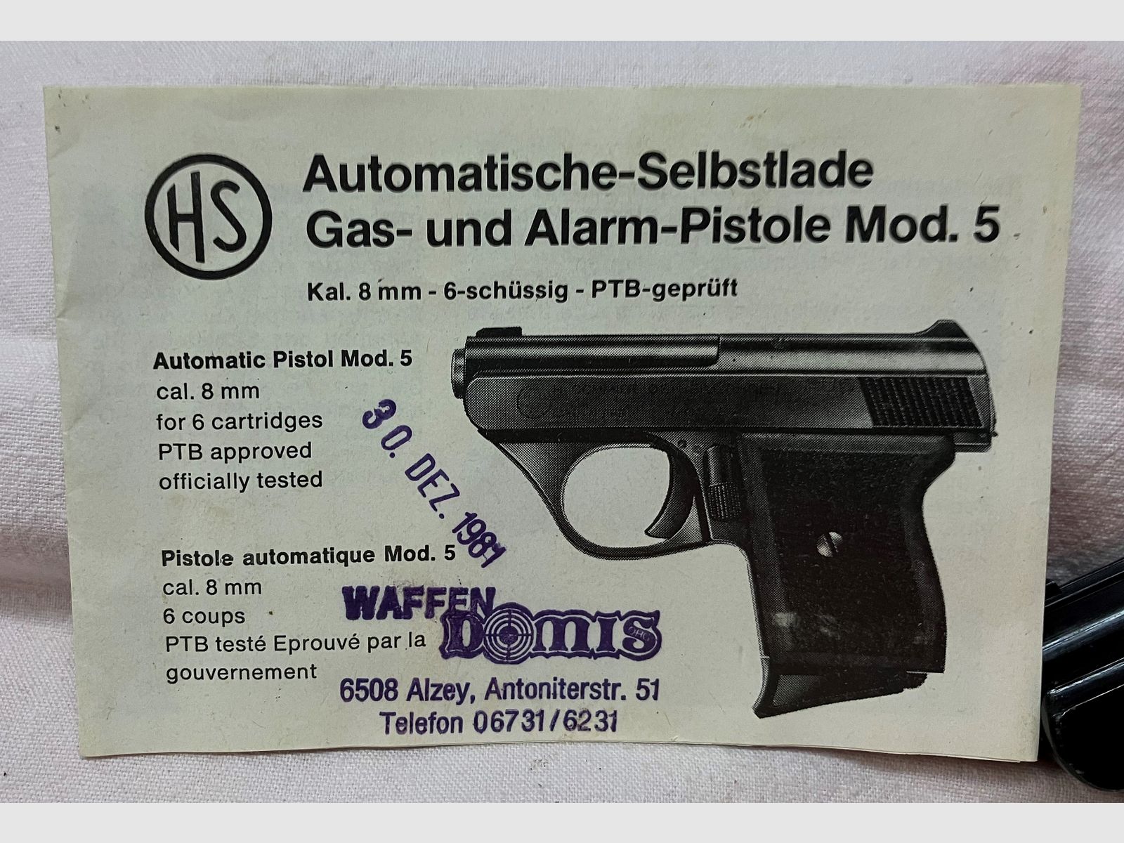 HS Gas- und Alarm-Pistole, Mod. 5, Kal. 8 mm, PTB Nr. 100, Taschenpistole 6-schüssig