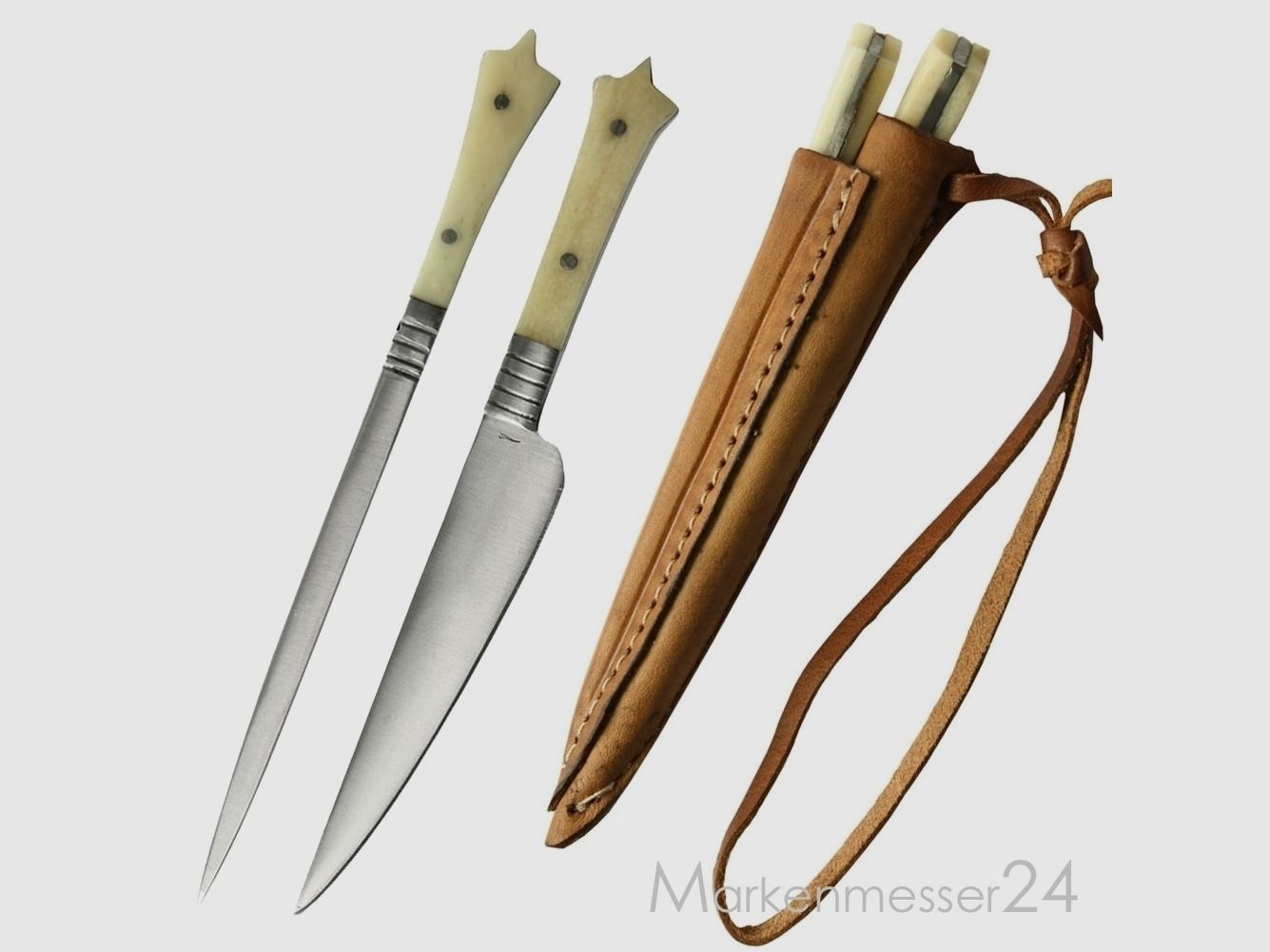 Mittelater Essbesteck Set Messer Pfriem Lederscheide Knochen Spie klein