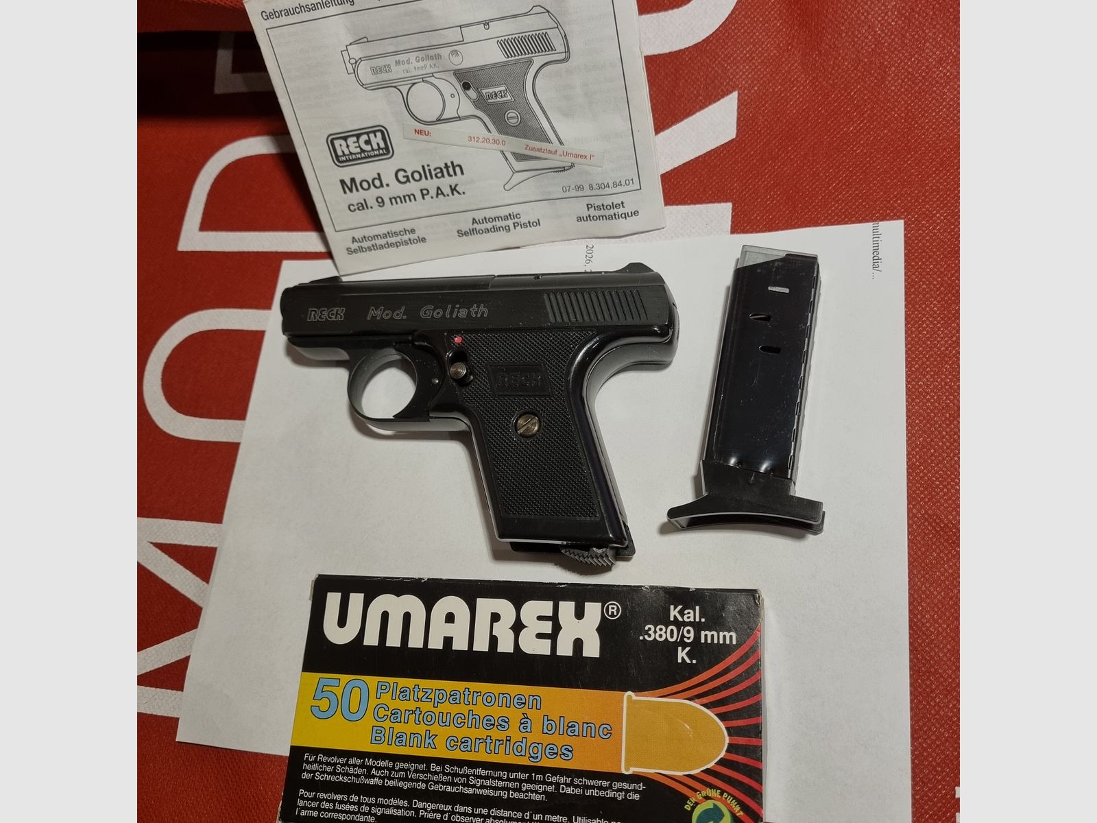 Reck Mod. Goliath, 9mm P.A.K., plus 50 cartridges. PTB 763, old version
