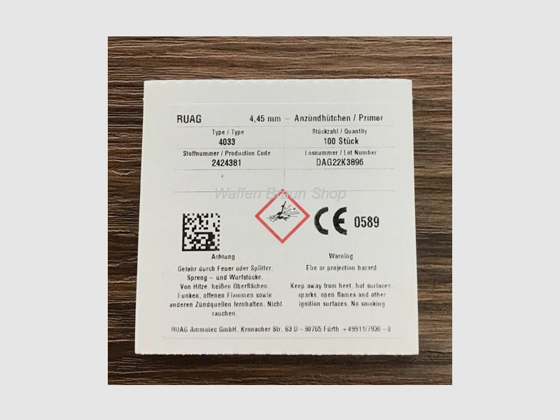 RWS SN Ambosszündhütchen Nr.4033 para cartuchos de rifle de pequeño calibre 4,45