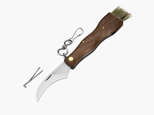 Cuchillo para setas PUMA IP con cepillo, pinzas y mosquetón, madera de nogal