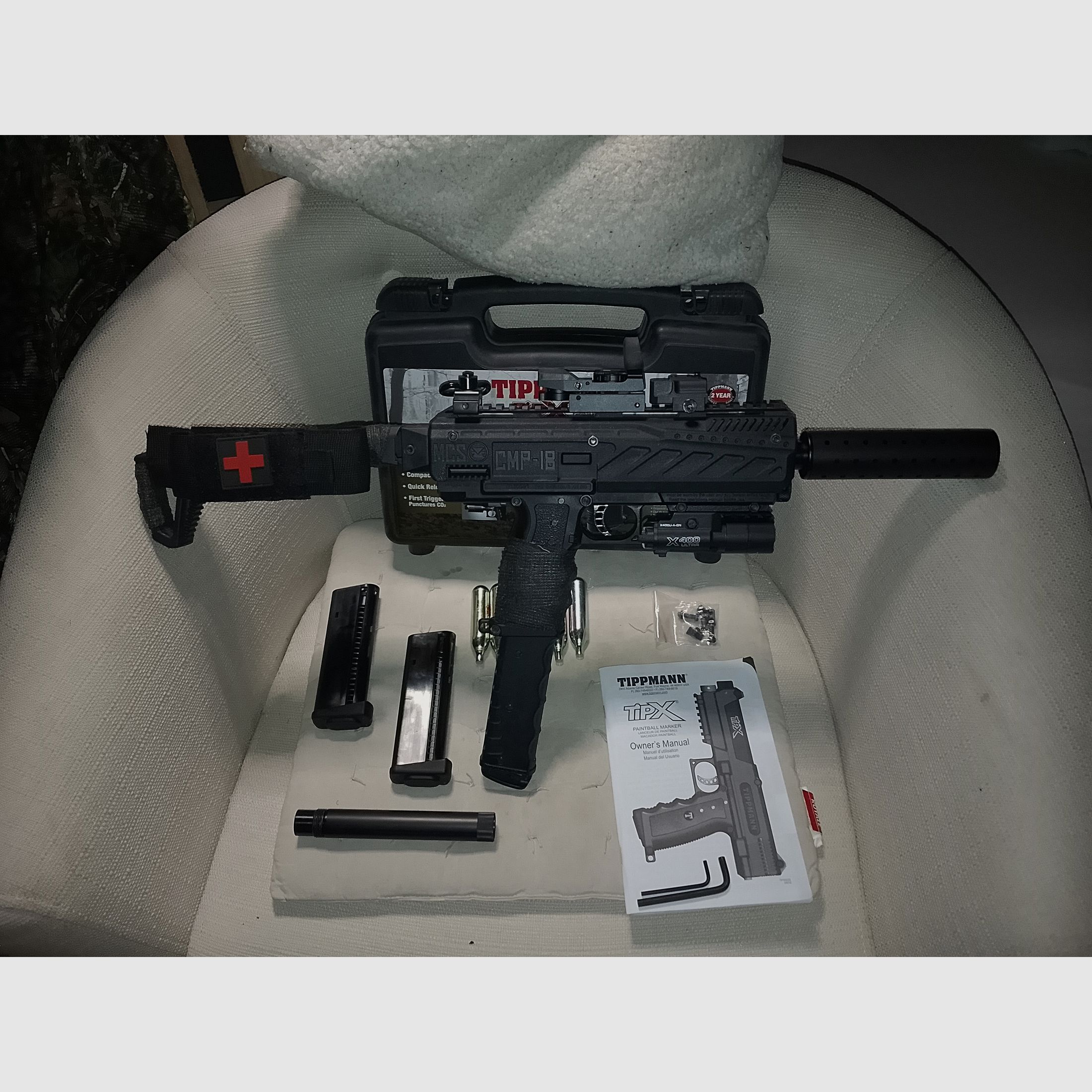 Tippmann Tipx RAM Paintball Makierer MSC Body Kit Uzi cal .68 CO2 Visier Rot Grün Punkt 