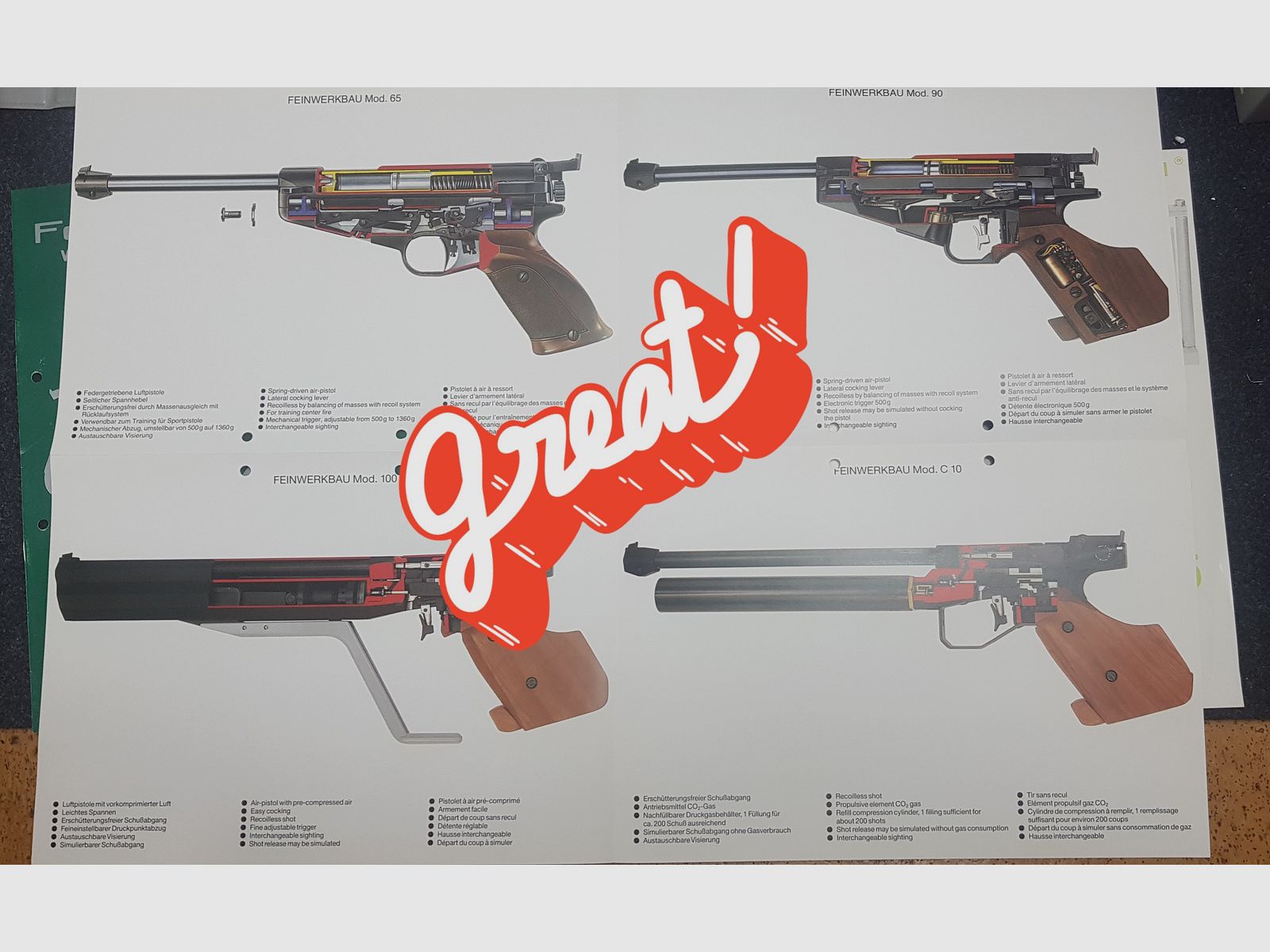 Feinwerkbau FWB Mod. 65 / 80 / 90 / C10 / 100 Poster Plakat  Beschreibung Bedienungsanleitung Luftpistole Luftgewehr KK Gewehr Co2 Pistole siehe Beschreibung. Preis ab
