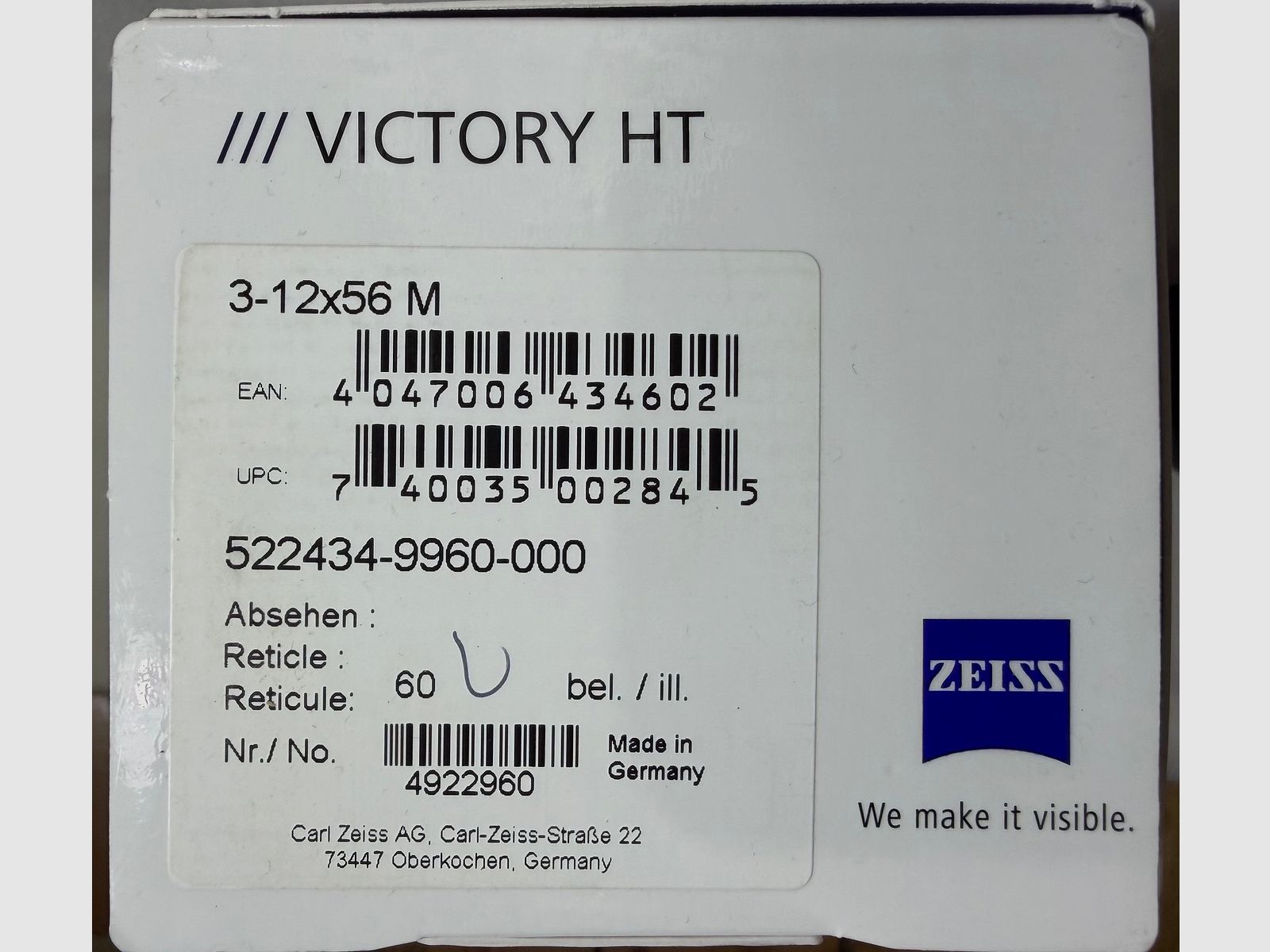 Zielfernrohr Zeiss Victory HT 3-12x56 M Absehen 60 Ansitz Sauen