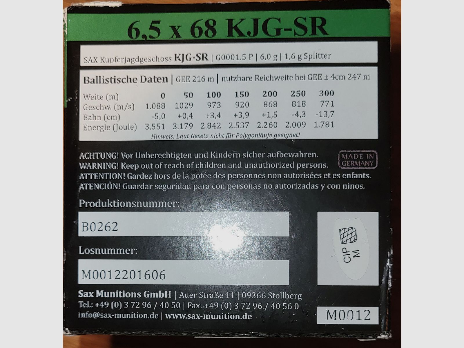 45 disparos 6,5x68 KJG-SR SAX/RWS sin plomo