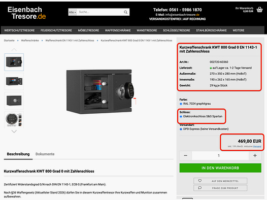 Gun cabinet combination lock KWT 800 Grade 0 EN 1143-1 for handguns, ammunition, and keys