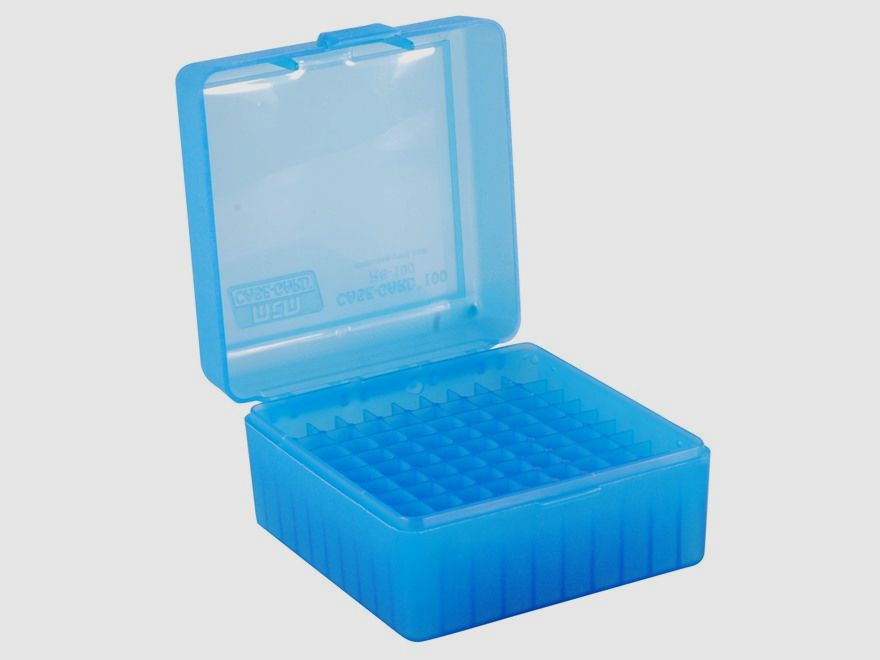 MTM scatola per cartucce RS-100-24 blu trasparente con coperchio a ribalta per 100 cartucce .223 e altre.