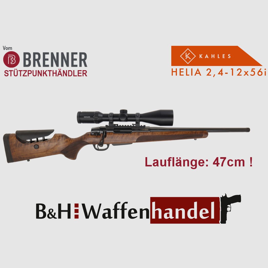 Neu: Brenner BR20 L.E. (Holzschaft mit Schaftrückenverstellung) mit Kahles Helia 2.4-12x56i fertig montiert Jagd Repetierer Komplettpaket (BestNr.: BR20LEP11)