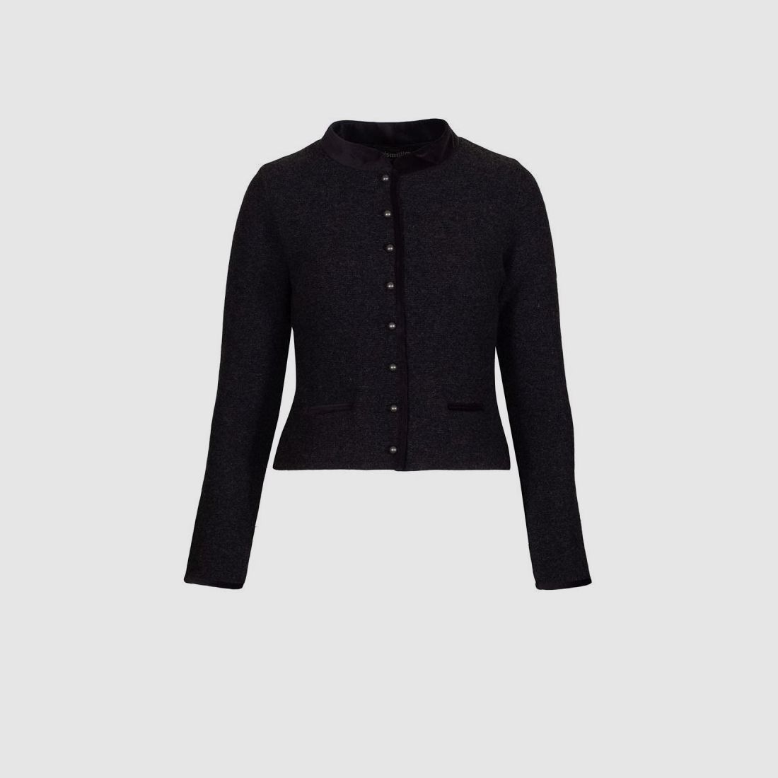 Damen Strickjacke aus Merinowolle mit Stehkragen aus Samt und mit Schößchen in Schwarz, Bild 2 von 3