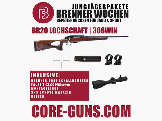 Brenner BR20 Lochschaft + Brenner Schalldämpfer SD21 + Falke 3-12x56	 + Montageringe - Jungjägerspecial