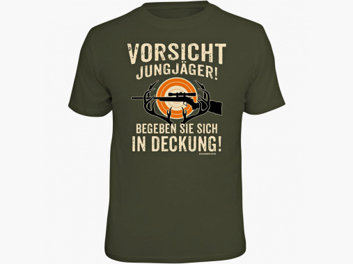 Kaderloos heren T-shirt "Voorzichtig jonge jager! Ga in dekking" | XL