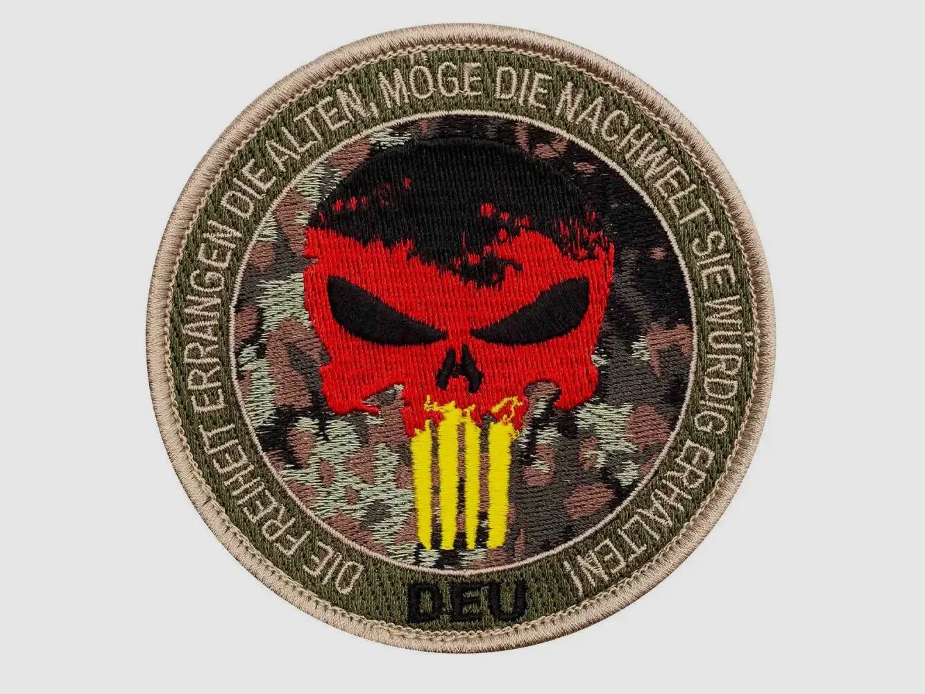 Café Viereck Café Viereck Patch Punisher Skull mit Text rund tarn schwarz rot