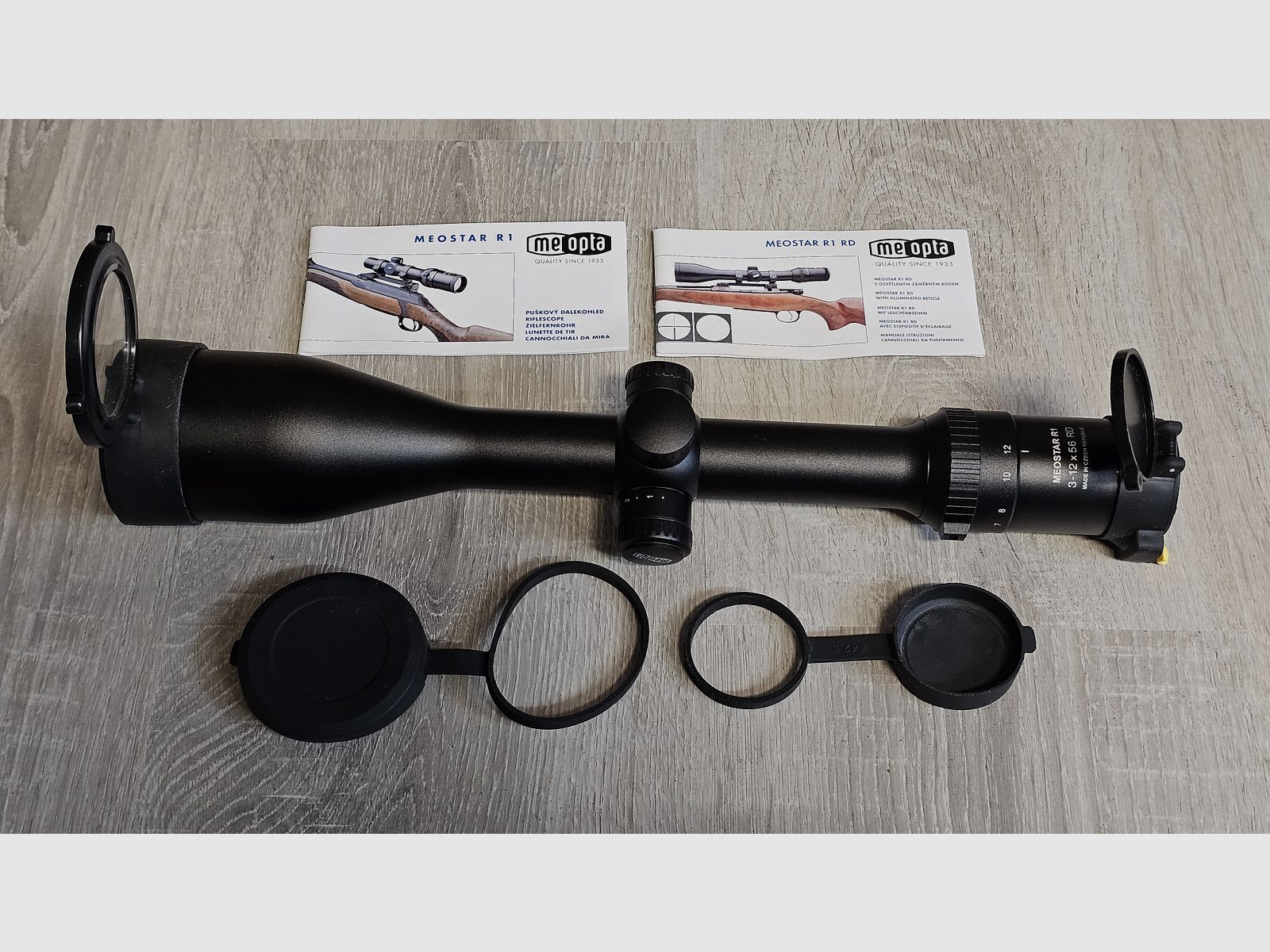 Scope Meopta MeoStar R1 3-12x56 RD (Red dot, reticle 4C) including original Blaser saddle mount (30 mm rings) and flip-open caps