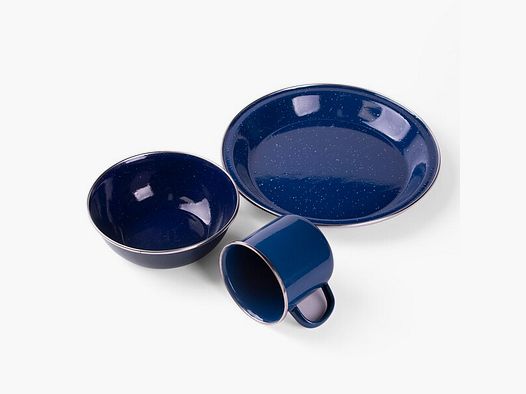 Kleines Emaille Camping-Geschirr-Set 3tlg in Blau - Tasse + Teller + Schüssel