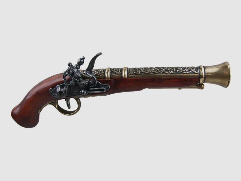 messingfarbene Deko- Steinschlosspistole, voll beweglich, LĂ¤nge 36cm