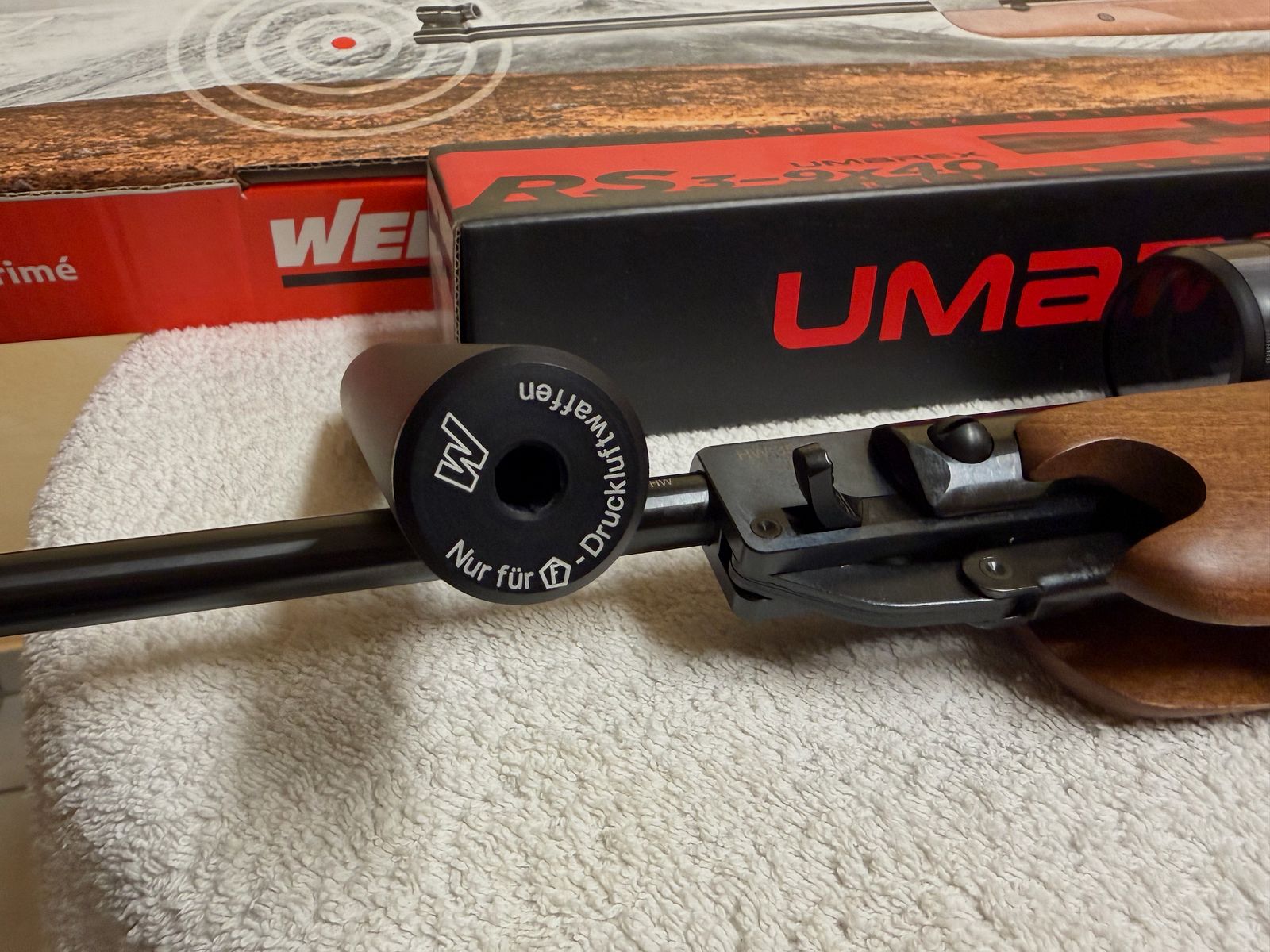 Fucile ad aria compressa: Weihrauch KW 35 K con silenziatore e telescopio Umarex RS 3-9x40, nuovo e mai usato,