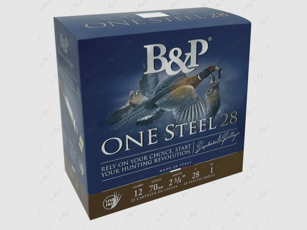 Box mit 25 Patronen Stahl BASCHIERI & PELLAGRI ONE STEEL 28 Kaliber 12/70