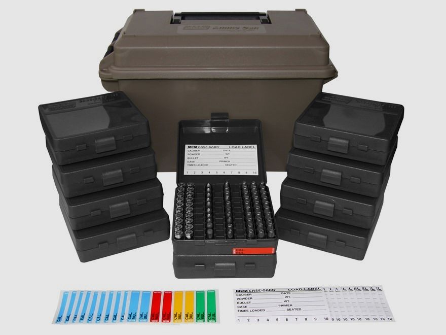 MTM scatola per munizioni ACC9 dark earth per 1000 cartucce inclusi 10 scatole per cartucce P-100-9 per 9mm e inferiori.