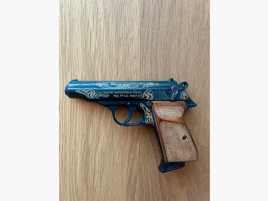 Unique blank-firing pistol Walther PP cal. 9 mm P. A. K. with engraving