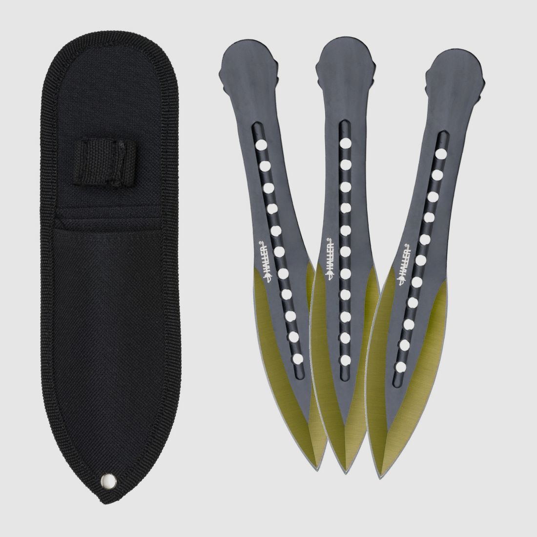 Set di coltelli da lancio 3 pezzi oro con custodia 185mm 65g