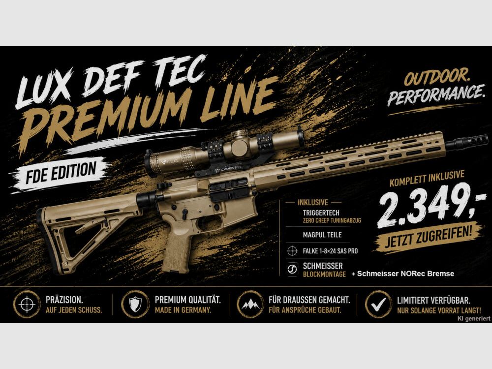 Lux Def Tec L5L FDE Premiumline 16,75" w tym Triggertech Zero Creep Trigger Magpul kolba i uchwyt, Falke 1-8x24SAS Pro, SM34Mount i Norec hamulec