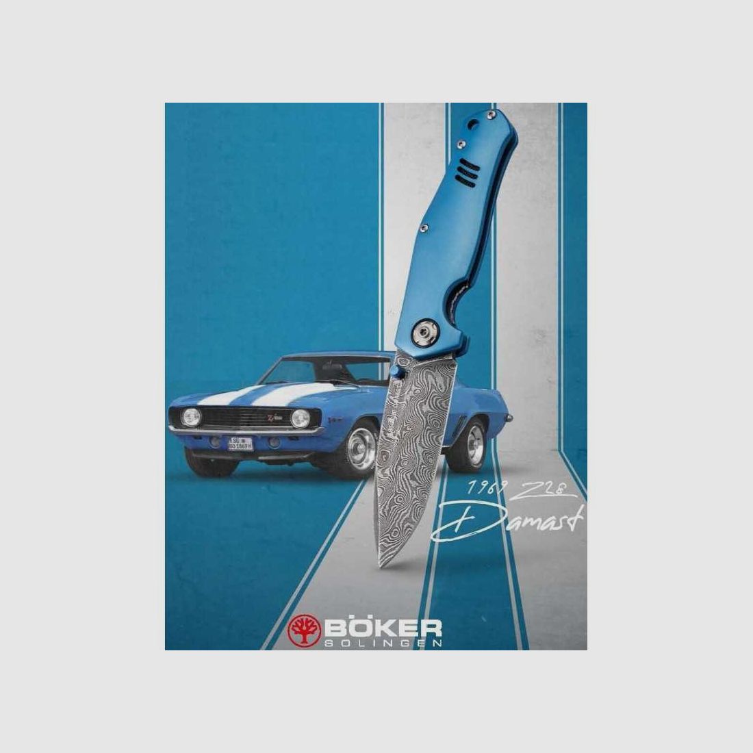 Böker 1969 Z28 Camaro Le Mans coltello in damasco