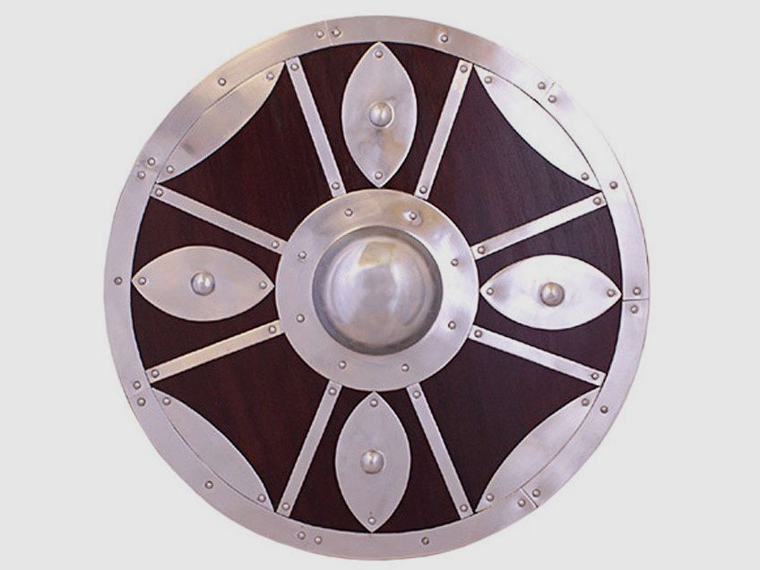 Viking round shield made of wood with metal decorations