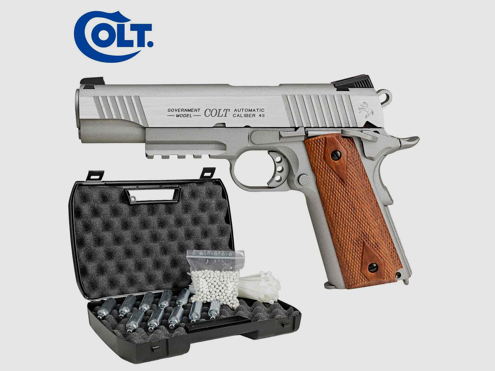 Komplettset Colt 1911 Railgun Stainless Vollmetall Softair-Co2-Pistole Kaliber 6 mm BB Blowback (P18)