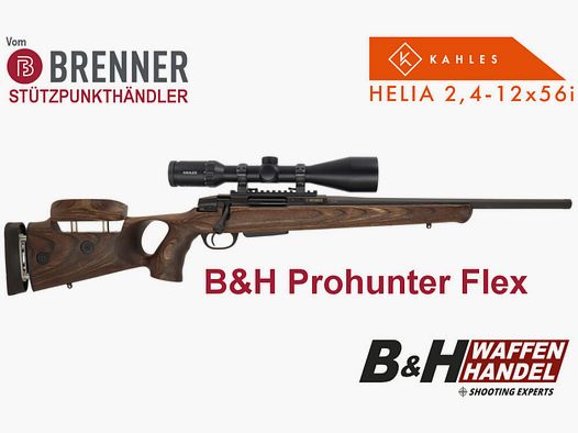 Pakiet kompletny Brenner: BR20 B&H Prohunter Flex z podwójną regulacją, w tym Kahles Helia 2.4-12x56i, gotowy do montażu, karabin myśliwski z powtarzalnym mechanizmem.