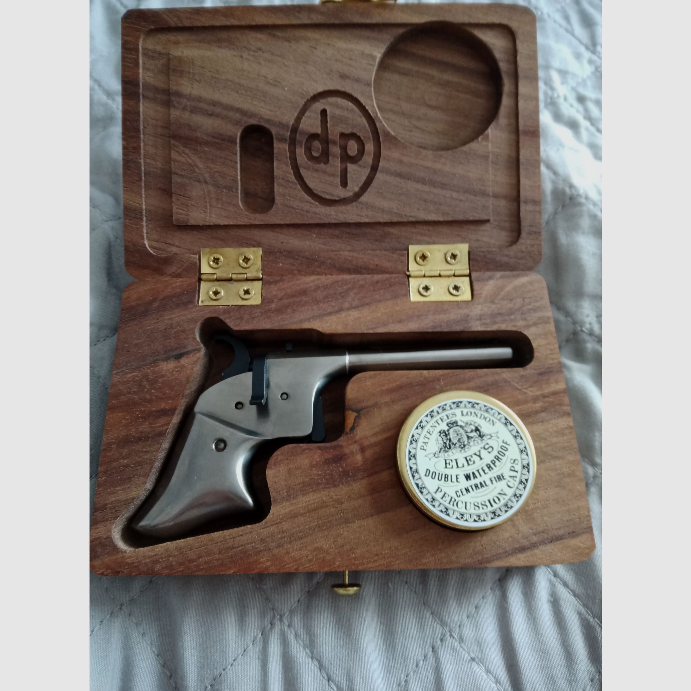 Pistolet à percussion Pedersoli Derringer Remington Rider à blanc calibre 4,5 mm avec boîte en bois (neuf encore)