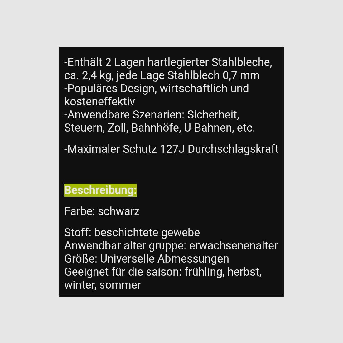 Sicherheitsweste Sicherheitsdienst hieb stichfest Stichschutzweste Security Guard Anti-Stab Taktische Weste Schutzweste Manganstahl 