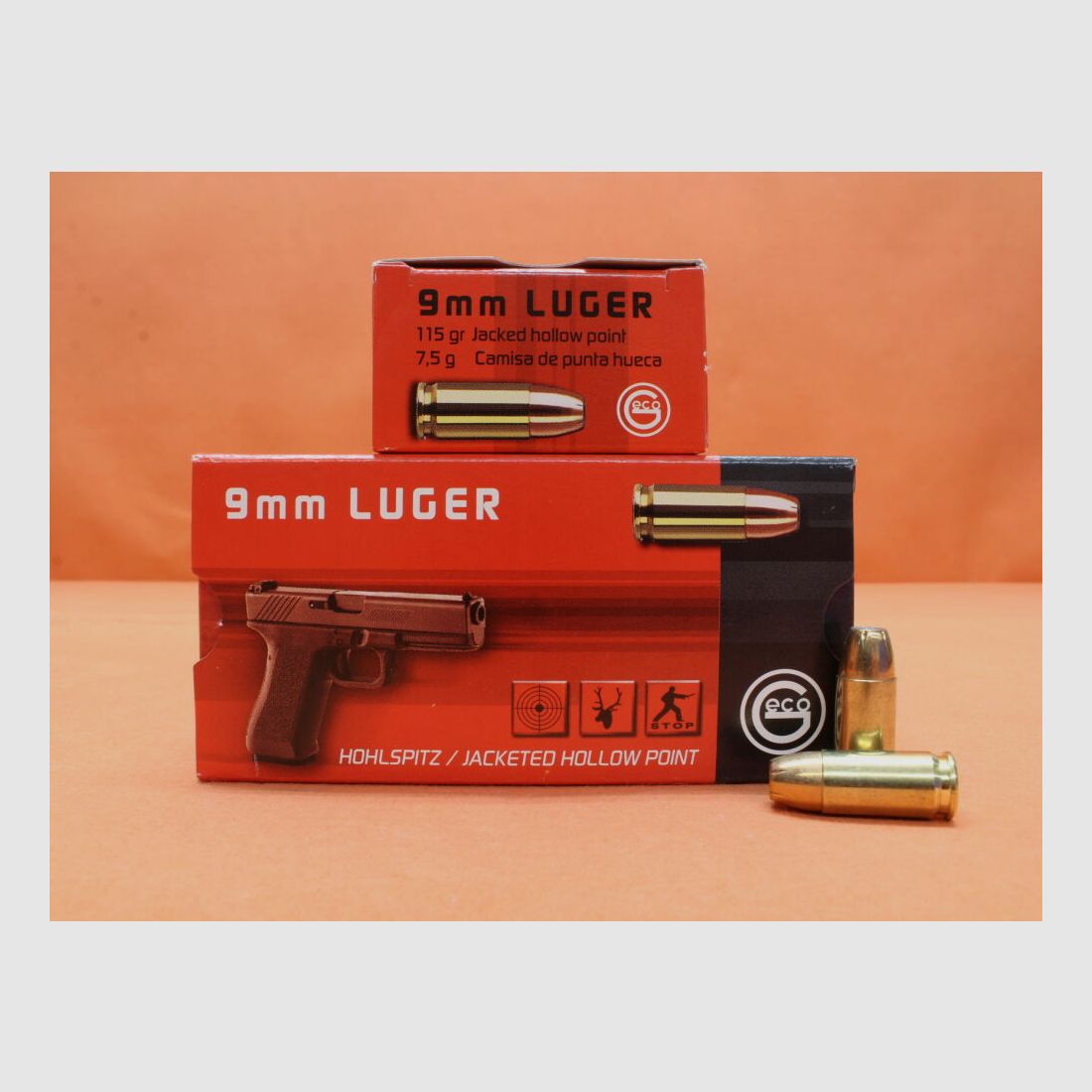 GECO Patrone 9mmLuger GECO 115grs JHP (2317707) VE 50 Patronen/ 7,5g Hohlspitz (mit Sollbruchstellen)