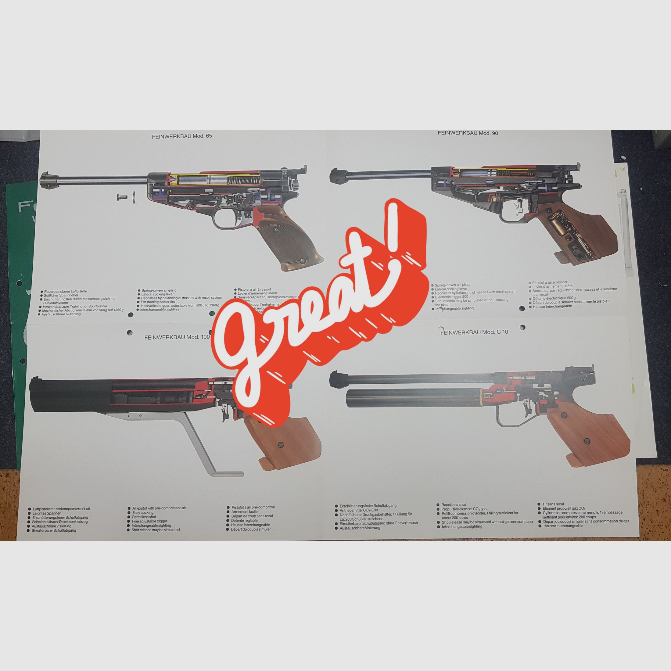 Feinwerkbau FWB Mod. 65 / 80 / 90 / C10 / 100 Poster Plakat  Beschreibung Bedienungsanleitung Luftpistole Luftgewehr KK Gewehr Co2 Pistole siehe Beschreibung. Preis ab
