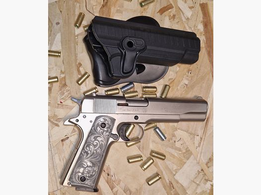 COLT GOVERNMENT 1911  A1 / SILBER / CHROME  / mit  Zubehör / cal. 9mm P.A.K. / PTB 638 / SCHRECKSCHUSS GAS PISTOLE SILVESTER SELBSTVERTEIDIGUNG SAMMLUNG  -----> Beschreibung lesen <------