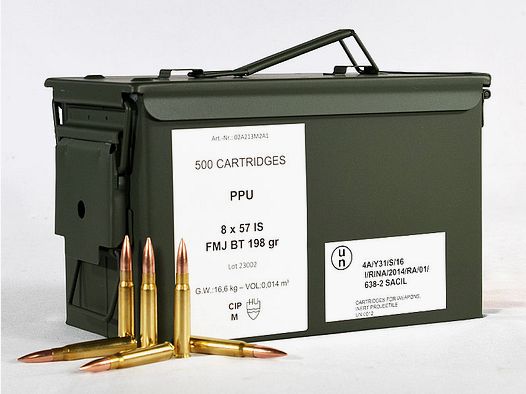 PPU ammunition box with 8x57 IS FMJ 198 grs 1 ammunition box (500 rounds at €1.138 each)