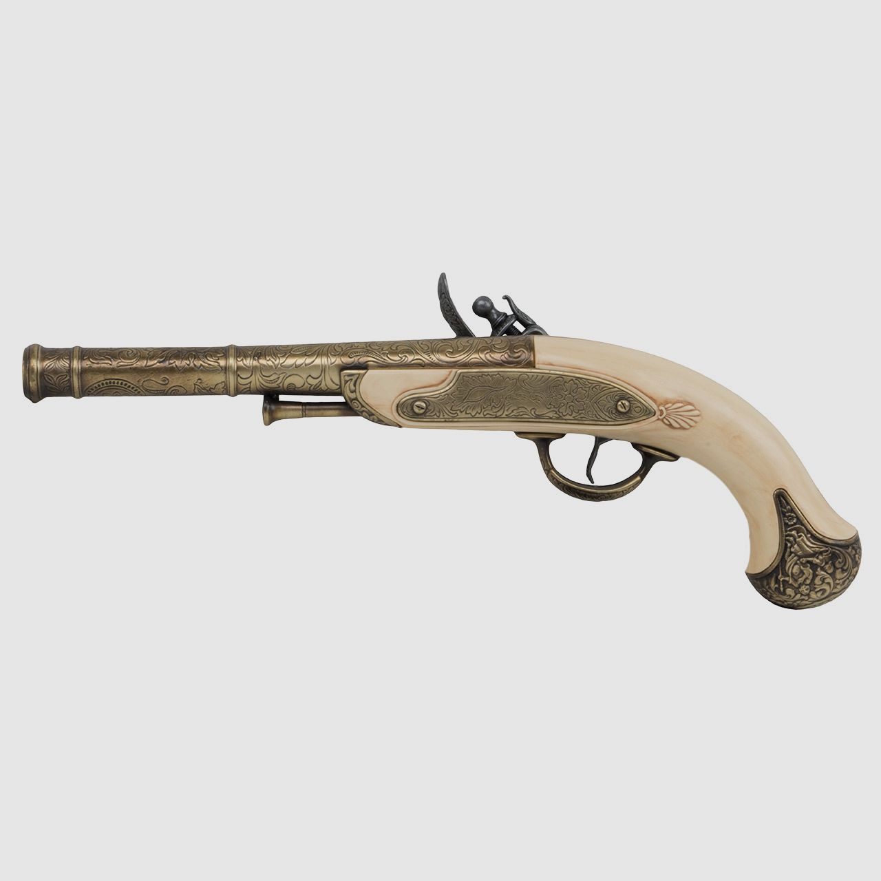 Deko Steinschlosspistole Queen Anne England 17 Jahrhundert 8 Zoll messing  grau Elfenbeinimitat