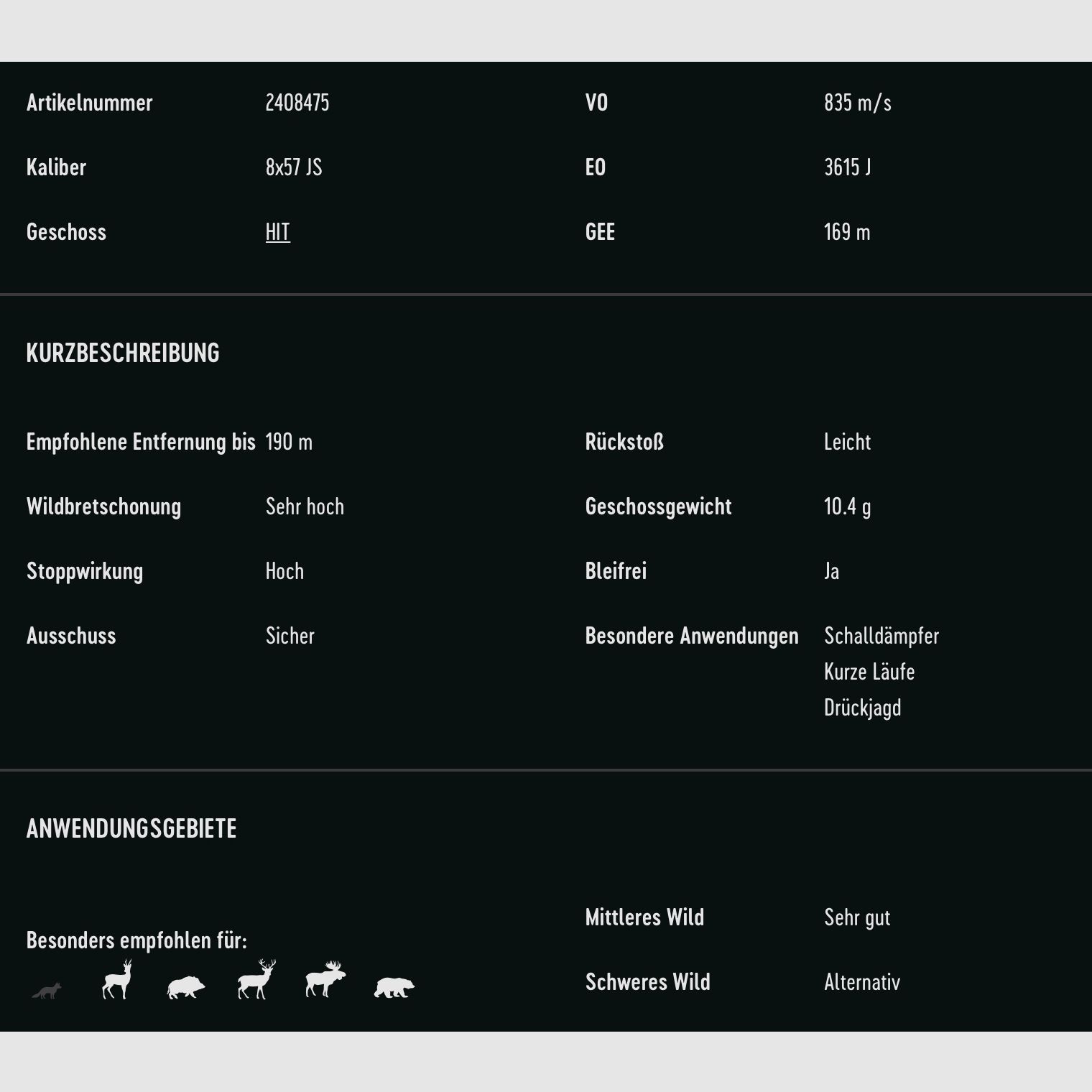 RWS 2408475 Büchsenpatronen 8x57 IS HIT Short Rifle 10,4 g160grs. Bleifrei, Bild 2 von 6