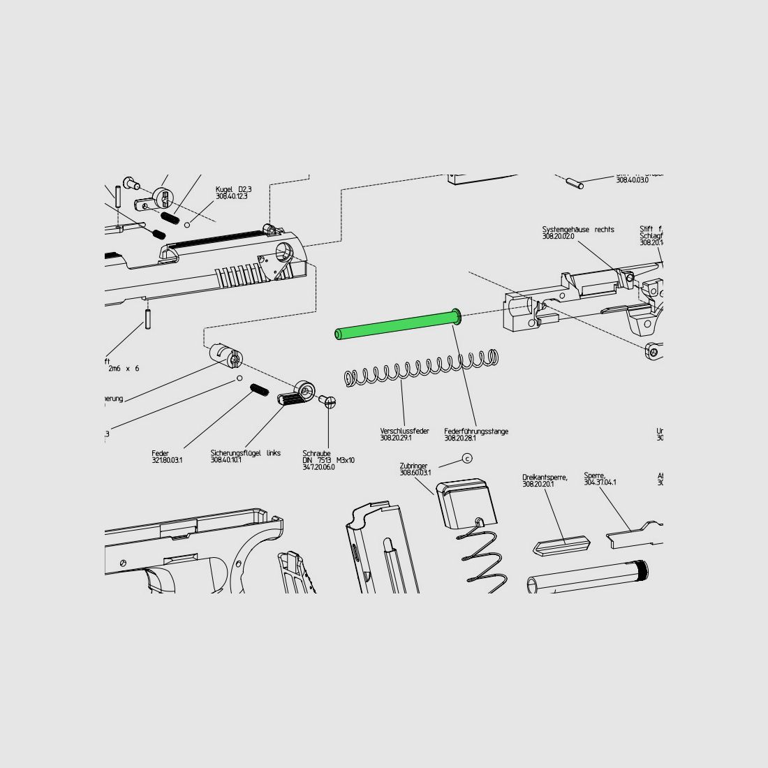 FederfĂĽhrungsstange fĂĽr Schreckschuss-, Gas-, Signalpistole Walther P 22, Ersatzteil