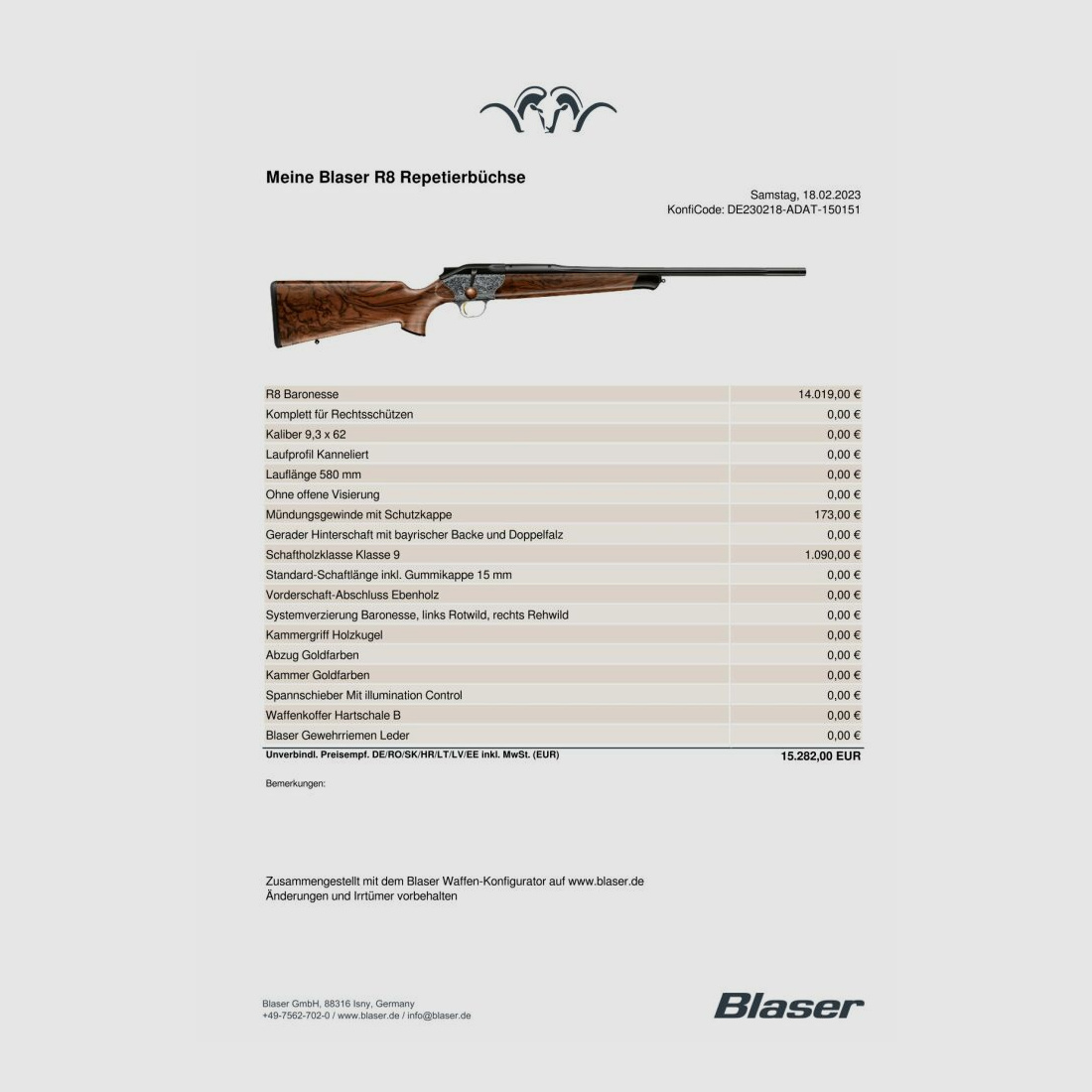 Blaser Blaser Repetierbüchse R8 baronesse	 9,3x62